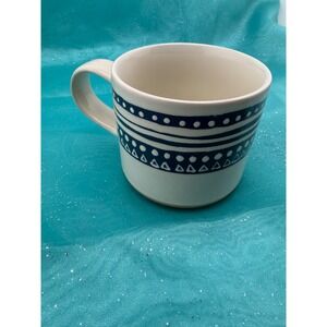 Boho Navy Blue Geometric Stoneware Coffee Mug Cream Hand Painted Striped Tea Cup